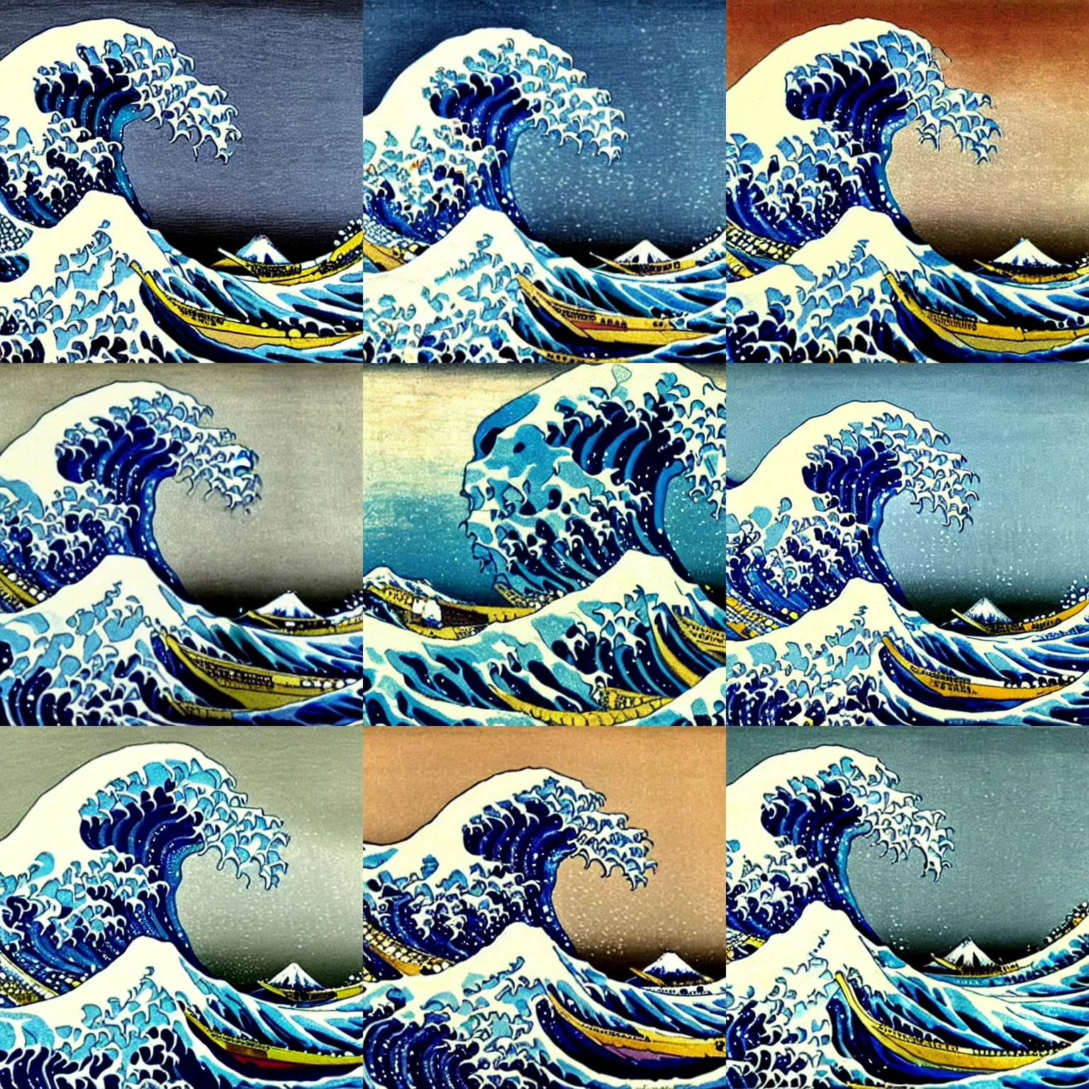 Prompt: A very beautiful and detailed painting of the great wave off kanagawa by Vincent van Gogh, 1889