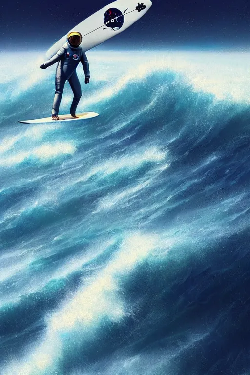 Image similar to a beautiful digital painting of an astronaut in a white space suit surfing the great wave on a surfboard by greg rutkowski, photorealistic, trending on artstation, octane render