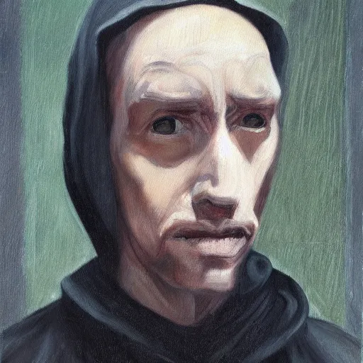 Prompt: a man wearing a long cloak and hood, shadowy face, oil painting, portrait, high detail