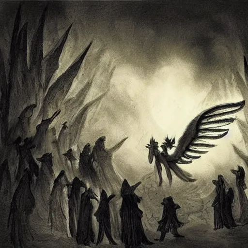 Prompt: A beautiful illustration of a winged creature, possibly an angel, flying high above a group of people in a dark, wooded area. The creature's wings are spread wide and its head is turned upwards, as if it is looking towards the sky. The people below are looking up at the creature with a mixture of awe and fear. by Miriam Schapiro manmade