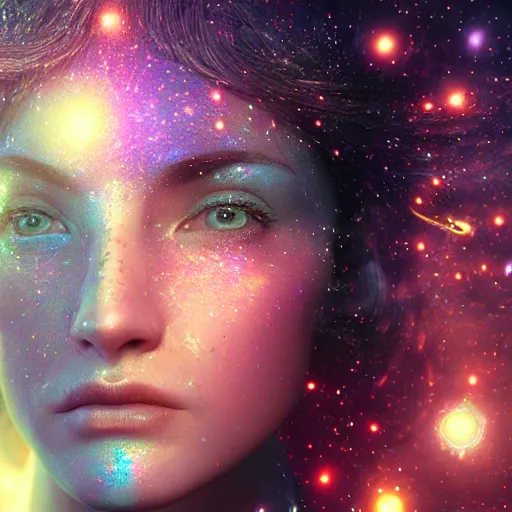 Image similar to woman portrait made out of galaxies, beautiful, cyborg, cinematic, comic book art, realistic, highly detailed, octane render, unreal engine, sharp focus