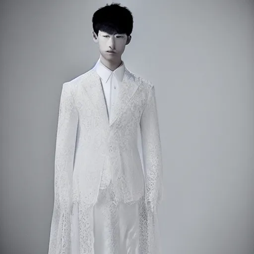 Image similar to a beautiful young korean male wearing a translucid lace wedding gown designed by alexander mcqueen, photographed by andrew thomas huang for a fashion editorial