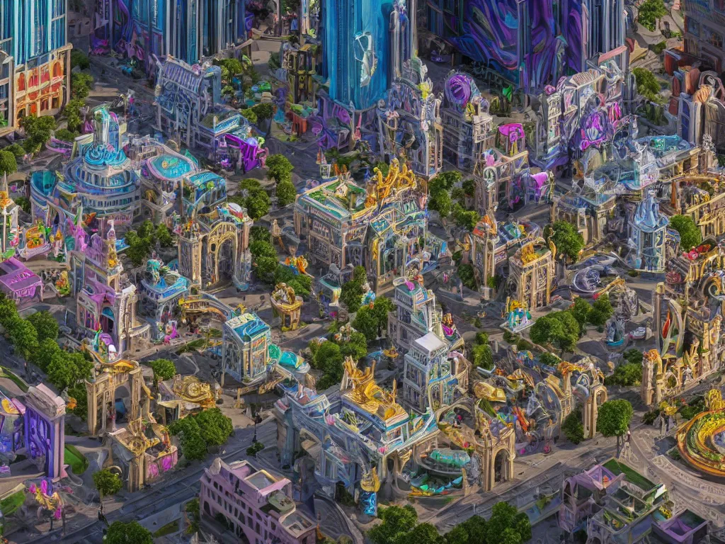 Prompt: a busy elaborate ornate outdoor city center museum, cinematic, huge structures, shadows, 4 k, detailed, by zaha hadid and lisa frank and peter jackson and ridley scott and beeple and greg rutowski