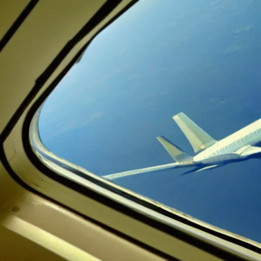 Image similar to a female alien on the wing of an aeroplane seen through the window