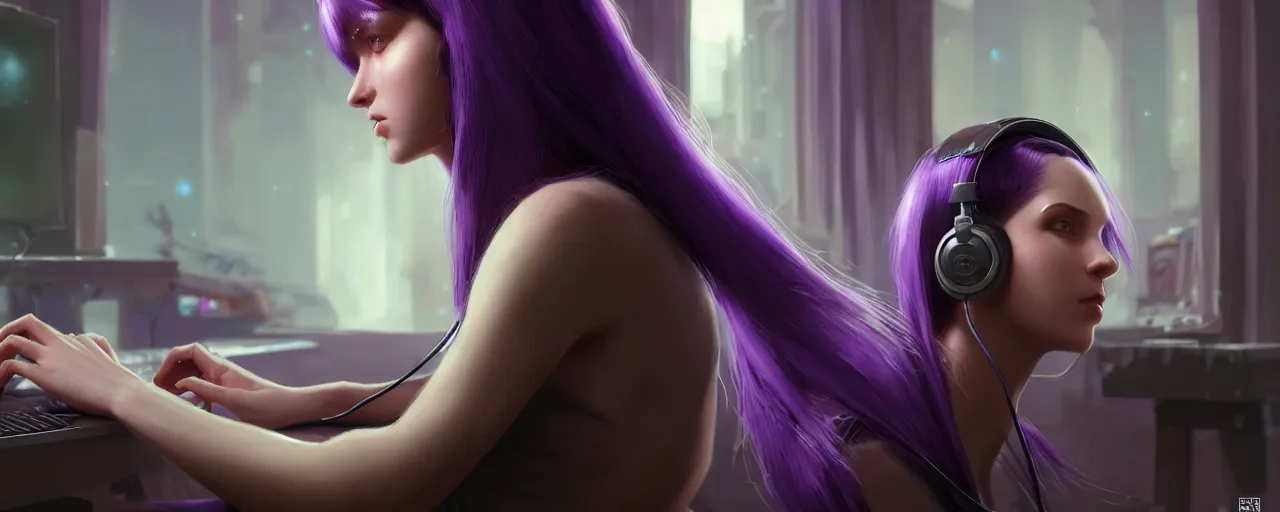 Image similar to wide - shot of stunningly beautiful purple haired female with headphones at home studio streaming computer games late at night, very detailed, 4 k, concept art like ernest khalimov, intricate details, highly detailed by greg rutkowski, ilya kuvshinov, gaston bussiere, craig mullins, simon bisley, backlit