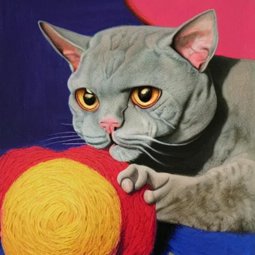 Image similar to painting of a devon rex, cornish rex cat playing with a ball of yarn, magritte