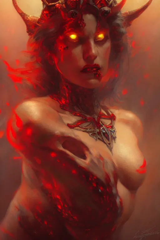 Image similar to attractive demon queen with red eyes painting by gaston bussiere, craig mullins, luis rollo, close - up portrait, digital painting, highly detailed, artstation, sharp focus, illustration, concept art