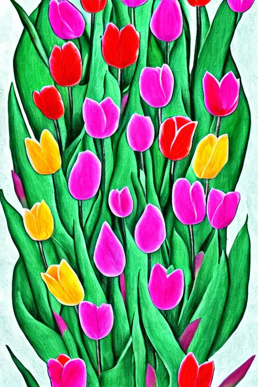 Prompt: a doodle drawing of a tulip in the stale of frida kahlo with the colors of mexico