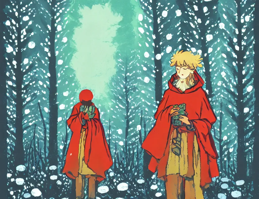 Image similar to flower priest of winter woods. gouache, limited palette with complementary colors, by award - winning mangaka, backlighting, bold composition, depth of field.