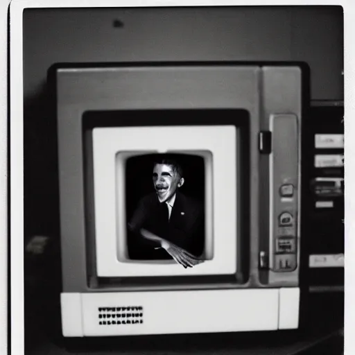 Image similar to Barack Obama sitting in a microwave, polaroid photograph