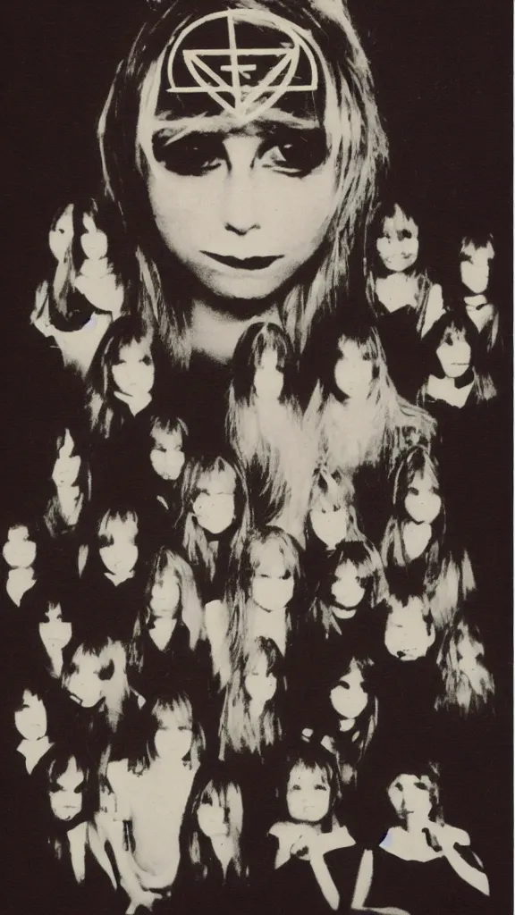 Image similar to occult satanic yearbook photo, 1 9 8 0 s, double exposure