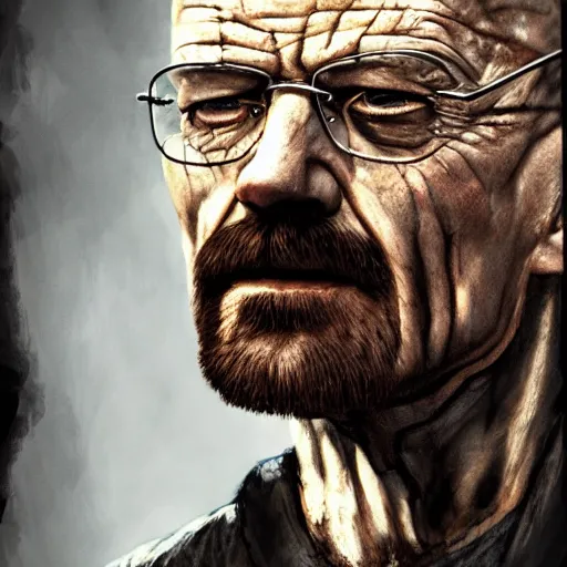 Image similar to Walter White as a Zombie, undead, portrait, fantasy, medieval, vivid colors, elegant, concept art, sharp focus, beautiful face, digital art, Hyper-realistic, 4K, Unreal Engine, Highly Detailed, HD, Dramatic Lighting by Brom, trending on Artstation