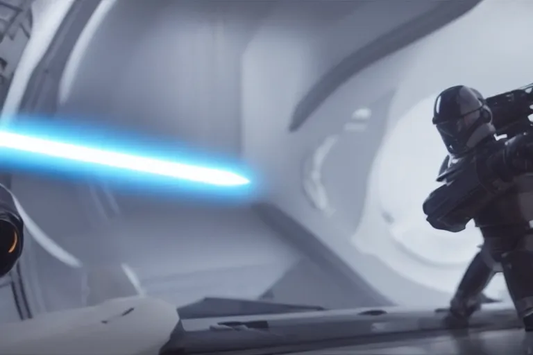 Prompt: vfx movie clean futuristic sci - fi action scene closeup spacex jedi lit by his lightsaber by emmanuel lubezki