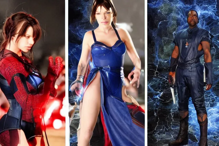 Image similar to Mila Jovovich as rinoa from final fantasy nime, kanye west as a japanese character Te Kā female lava and fire goddess character, character is in all its glory, Spiderman as electro