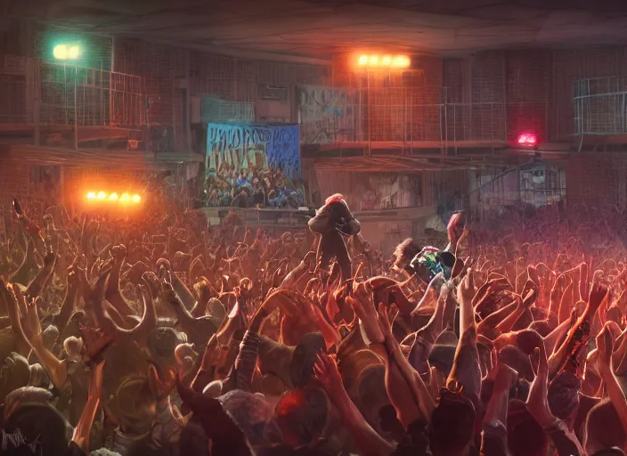 Image similar to 4 punks in school uniform with mohawks stand on stage with guitars and drums and microphones and yell day, foreground fight of ravers and punks, by marc simonetti, tyler edlin, deviantart, ray tracing, octane render, digital art, realistic, high quality, 8 k