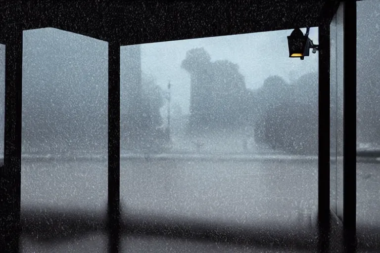 Prompt: rainstorm, view from inside, porch, rain on the streets, street lights, photo realistic,