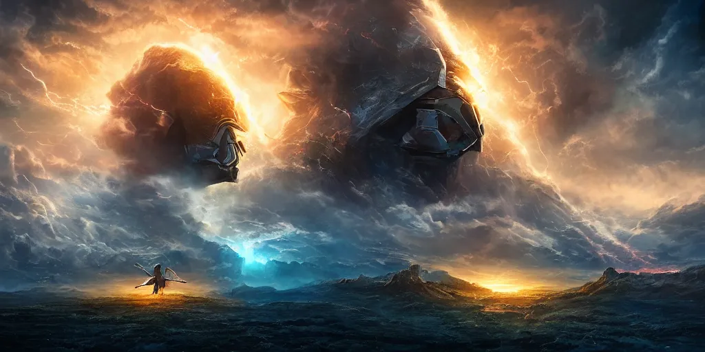 Image similar to beautiful cinematic artwork of an epic battle staring with a cosmic rift in the sky greg rutowski, masterpiece, 4k