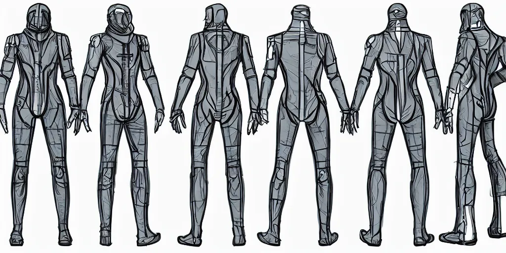 Image similar to male, space suit, character sheet, concept art, stylized, large shoulders, long thin legs, exaggerated proportions, concept design