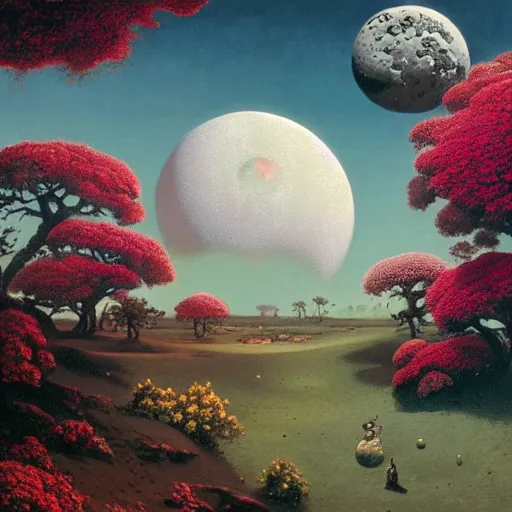 Image similar to a landscape on the moon with many craters, barren moon landscape, a broken moon lander, in a big crater at the center there is a beautiful flowering garden, 8 k, lowbrow in the style of martin johnson heade, roger dean and daniel merriam,