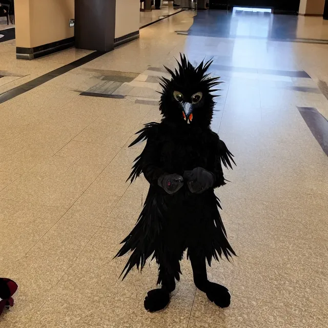 Image similar to a person wearing a fursuit of a crow fursona, fursona, furry convention, hotel lobby, indoors, photograph, furry fandom, photorealistic,