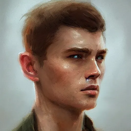 Image similar to Portrait of a man by Greg Rutkowski, he is about 20 years old, short copper hair, attractive, military composure, younger brother vibes, he is wearing futuristic military fatigues, highly detailed portrait, digital painting, artstation, concept art, smooth, sharp foccus ilustration, Artstation HQ.