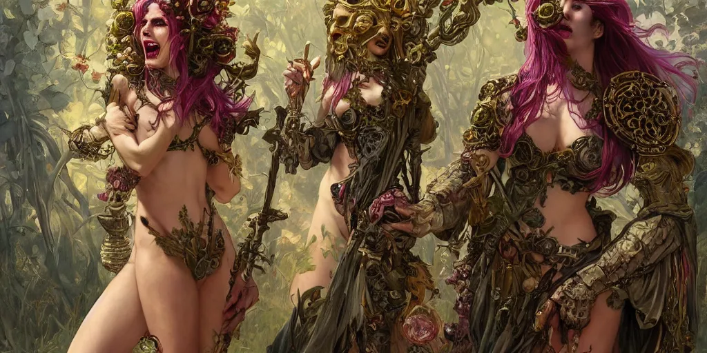 Image similar to flowerpunk necromancer lord with a mischievous smile, unreal, fantasy, intricate, elegant, dramatic, highly detailed, photorealistic, digital painting, painterly, artstation, concept art, smooth, sharp focus, art by john collier and krenz cushart and artem demura and alphonse mucha and albert aublet