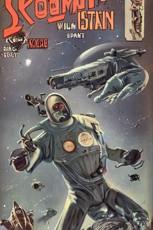 Prompt: vintage space war kosmonout with grey alien, higly detailed