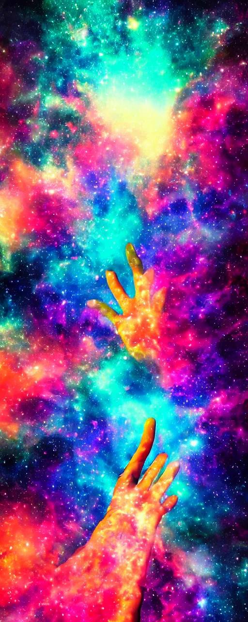 Prompt: a hand reaching out from a colorful nebula, digital art, psychedelic, 8K