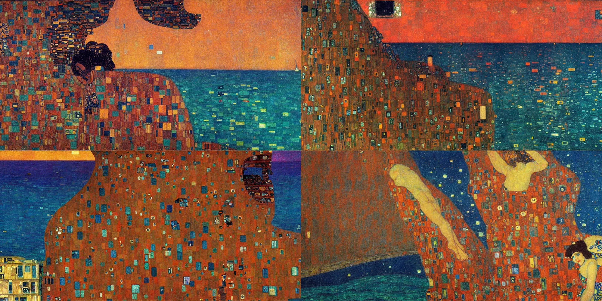 Prompt: A synthwave shipwreck painted by Gustav Klimt and Edward Hopper