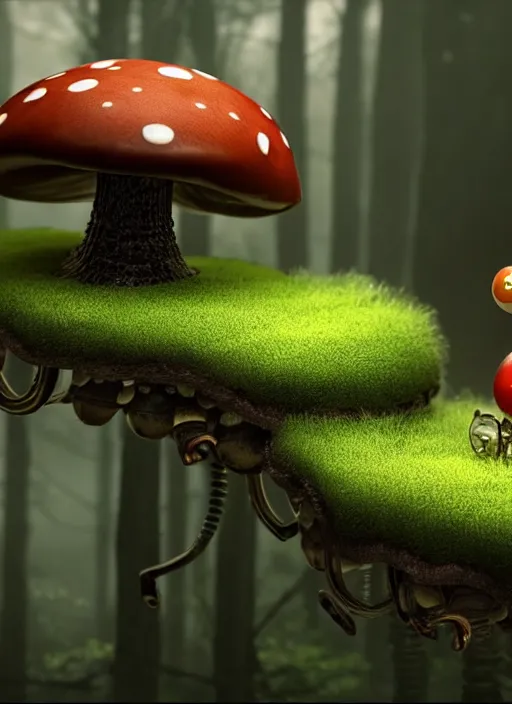 Prompt: intricate mechanical caterpillar sitting on top of a mushroom in a magical forest. Very detailed 8k. Fantasy cyberpunk horror. Sharp. Cinematic post-processing