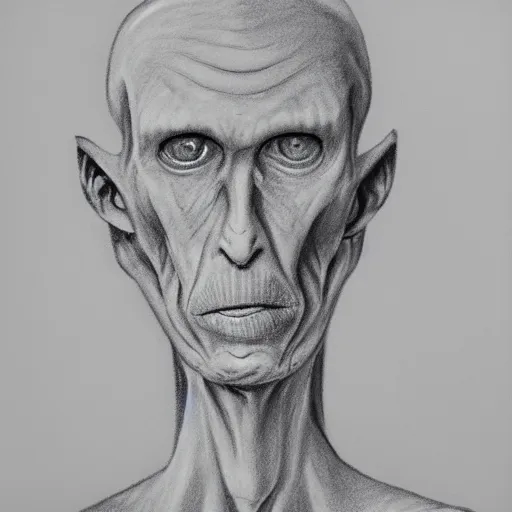 Image similar to pencil art of a grey alien, studio portrait