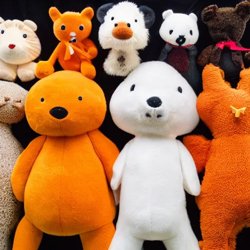 Image similar to a variety of stuffed animals, brown white teal yellow and orange