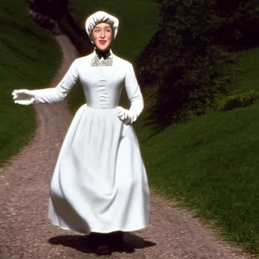 Image similar to julie andrews in a white cat costume, austria, film still, sound of music, 4 k, 8 k