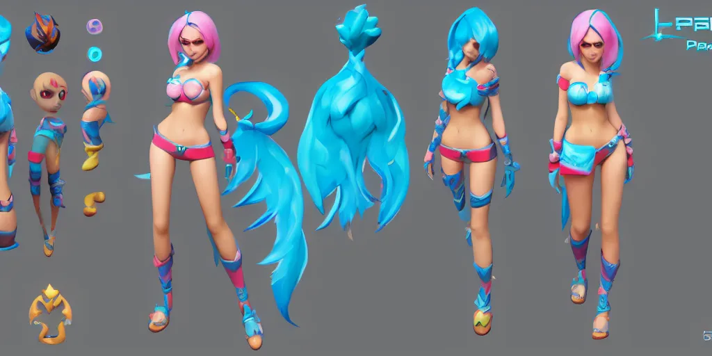 Image similar to Character sheet of pool party sona (League of Legends). 3d unreal engine 5 trending on artstation