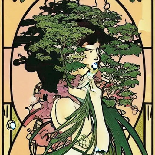 Prompt: “ a girl looking down at a bonsai!!!!!!!! tree, very detailed, by alphonse mucha and paul pope ”