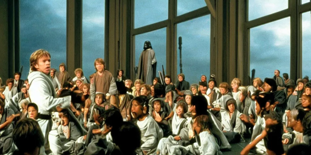 Image similar to A full color still of Mark Hamill as Jedi Master Luke Skywalker training a diverse room full of young Jedi padawans, with large windows showing a sci-fi city outside, at dusk at golden hour, from Star Wars, directed by Steven Spielberg, 1994