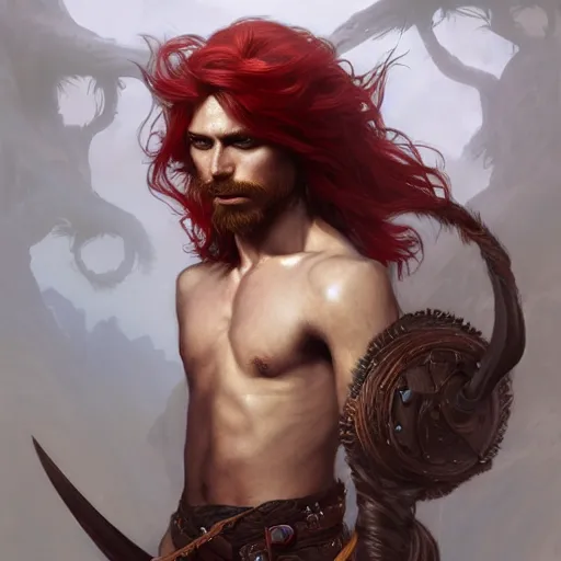 Image similar to portrait of a young ferocious pirate, male, masculine, upper body, red hair, long hair, soft hair, D&D, fantasy, intricate, elegant, highly detailed, digital painting, artstation, concept art, matte, sharp focus, illustration, art by Artgerm and Greg Rutkowski and Alphonse Mucha