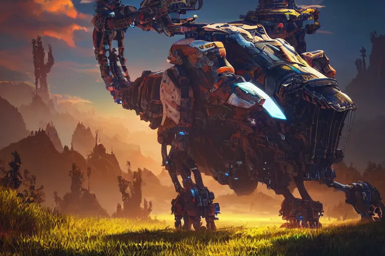 Prompt: tideripper machine mecanical creature robot of horizon forbidden west horizon zero dawn radiating a glowing aura global illumination ray tracing hdr fanart arstation by ian pesty and alena aenami artworks in 4 k