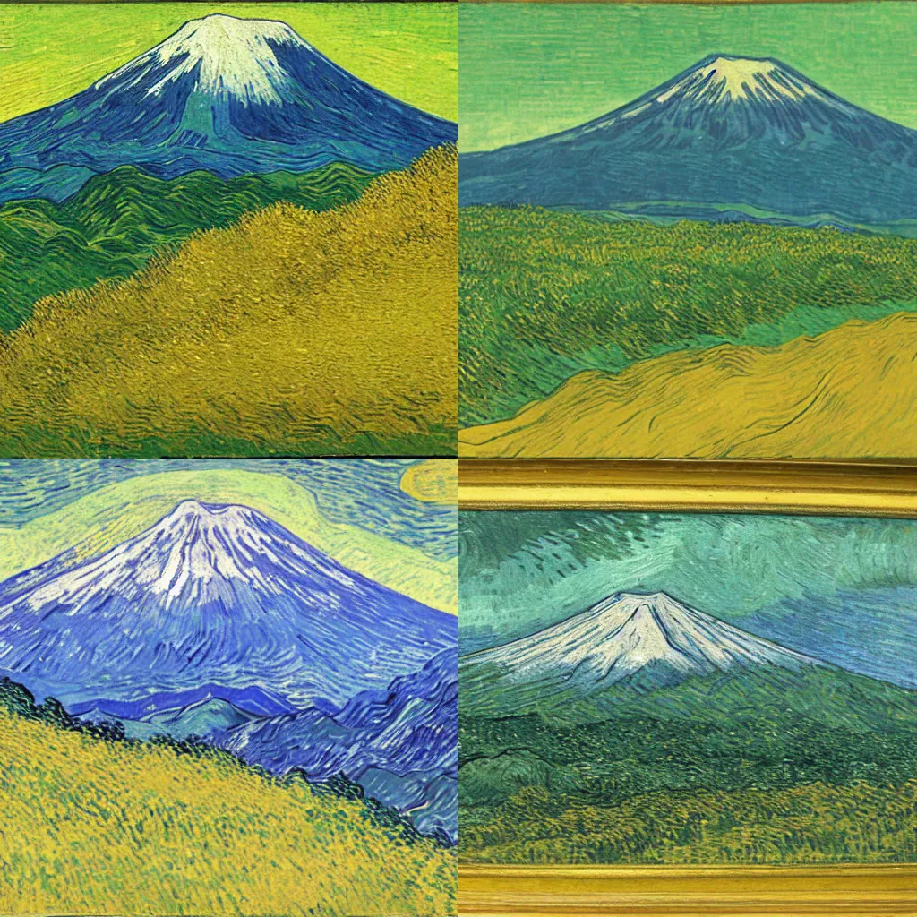 Prompt: the Fuji Mountain by Van Gogh, oil painting, yellow and green scheme