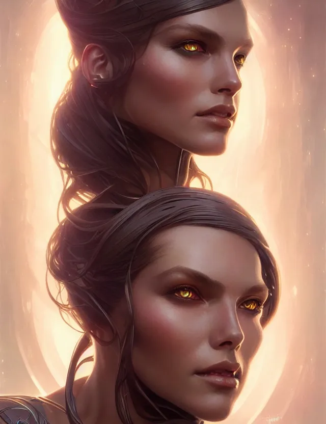 Image similar to futuristic woman portrait, sci-fi, amber eyes, face, long hair, fantasy, intricate, elegant, highly detailed, digital painting, artstation, concept art, smooth, sharp focus, illustration, art by artgerm and greg rutkowski and alphonse mucha