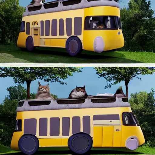 Prompt: a cat with the shape of a bus with twenty short legs and a fluffy short tail, huge yellow eyes and a big grin, rounded windows on his sides, seats on the inside and some passengers, in the style of studio ghibli