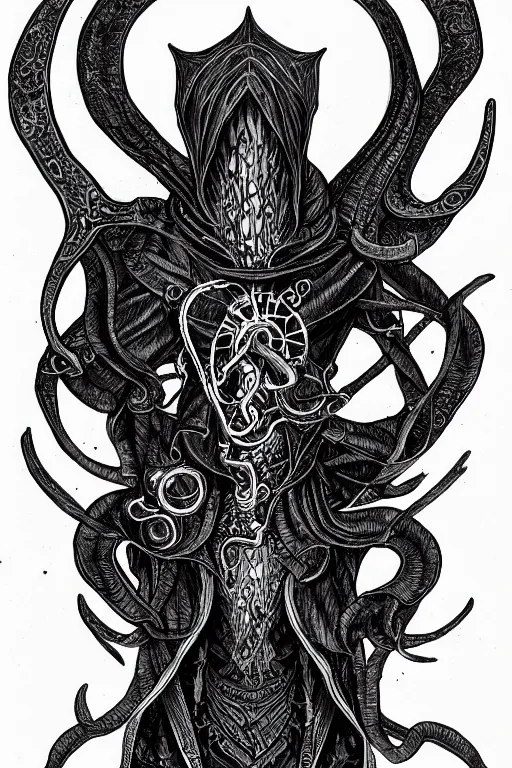 Image similar to illithid warlock, black ink on paper, trending on artstation, beautiful, intricate, detailed