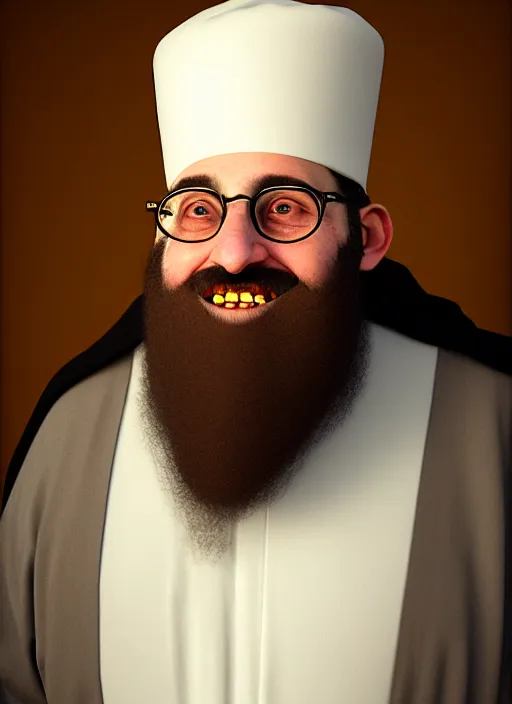 Prompt: A bearded old orthodox Jew with a white shirt, black yamaka, crooked teeth and round glasses is smiling while holding a big Etrog , hyperrealistic, 8k, portrait, dynamic lighting