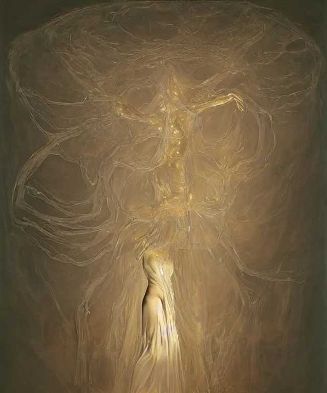 Image similar to Beautiful full-body wax sculpture of glowing transparent woman with visible golden bones covered with melted white candle wax inside the singularity where stars becoming baroque folds of dark matter by Michelangelo da Caravaggio, Nicola Samori, William Blake, Alex Grey and Beksinski, dramatic volumetric lighting, highly detailed oil painting, 8k, masterpiece
