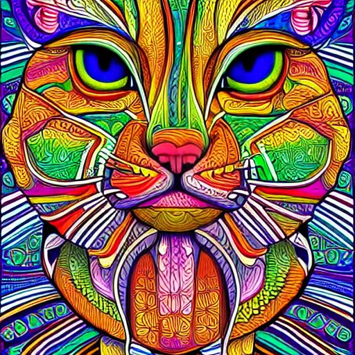 Image similar to a symmetrical portrait illustration of a colorful cute cat hand drawn sketch on artstation 4 k intricate extremely detailed digital art by alex grey