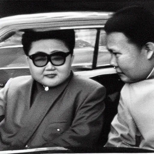 Image similar to 1960s press archive of middle-aged Kim Jong-il coming out of a car, face obscured, Reuters, 35mm film, film grain, mysterious exterior, underexposed