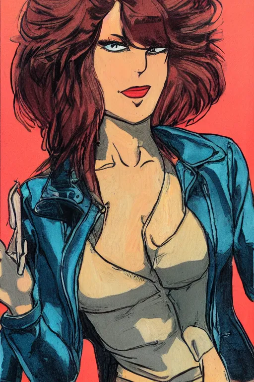 Image similar to portrait of an attractive young female protagonist, center focus, wearing leather jacket, in city street, detailed artwork by ralph bakshi