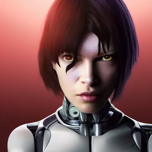 Image similar to Cyborg girl with style of Ghost in the Shell protagonized by Mila Jovovich, human face, robotic body, smooth skin, wires, realistic, VFX, 4k