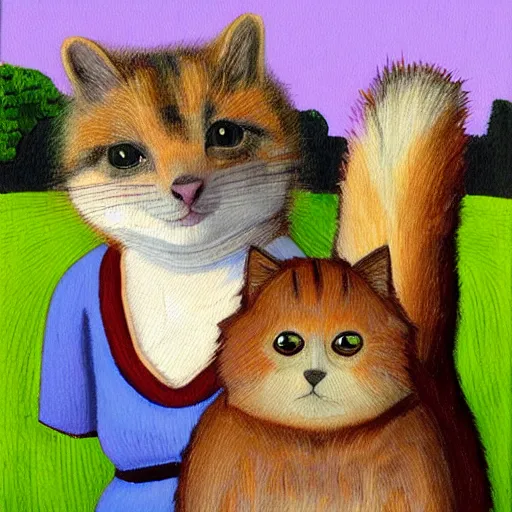 Prompt: portrait painting of cat and quokka in the style of grant wood