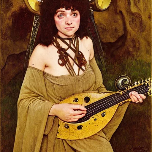 Image similar to half length portrait of billie ellish as a hobbit bard playing the mandolin, d & d, medieval, fantasy, giger, royo, klimt, miro, vallejo, frazetta, alphonse mucha, greg rutkowski, whealan